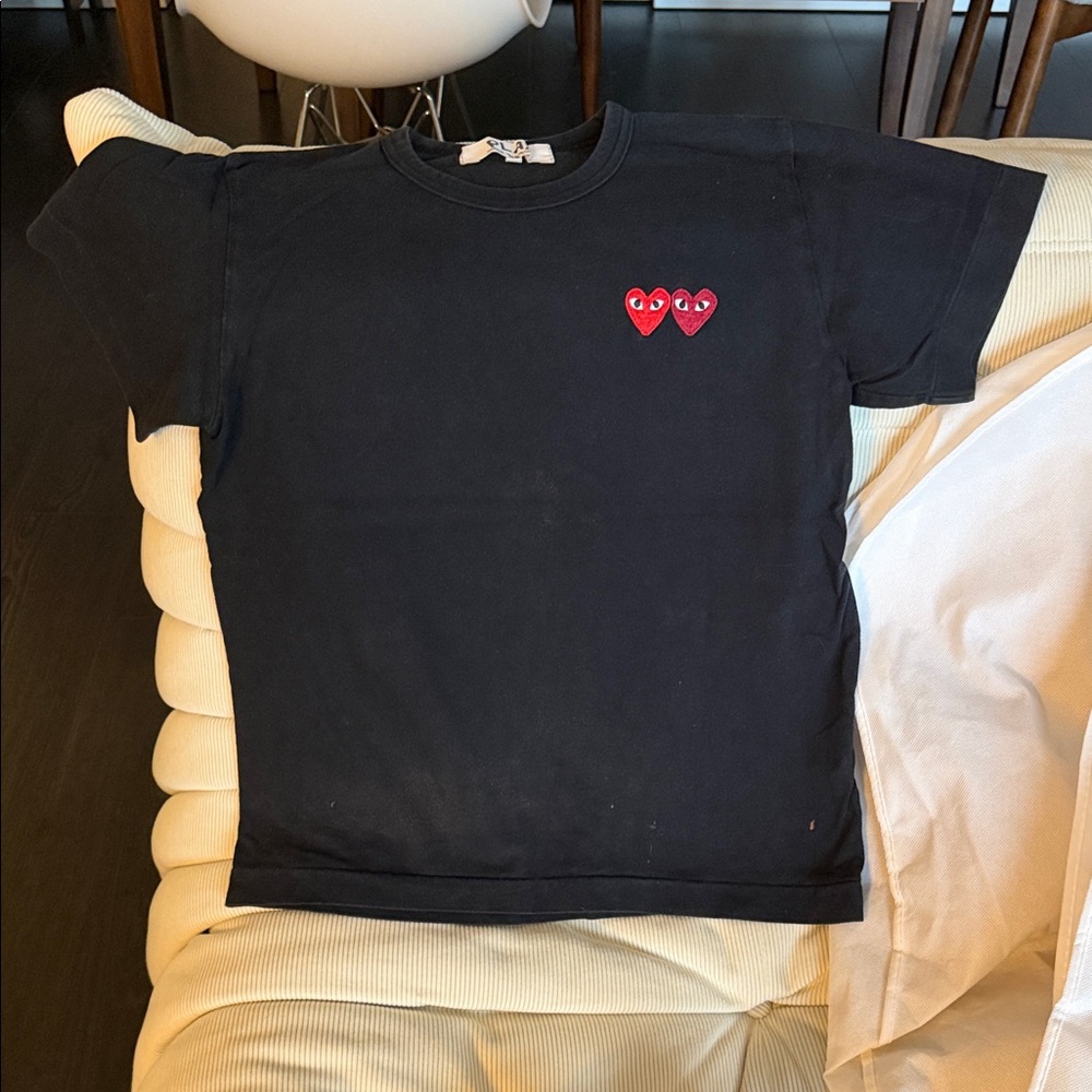 Comme des Garcons PLAY Black Tee with Red Heart Accents